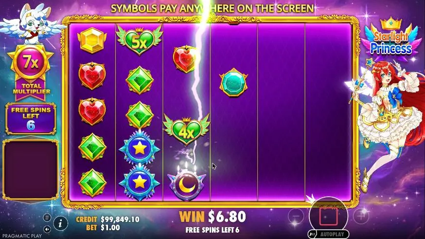 Starlight Princess free spins on a purple night grid with 6 left: TOTAL MULTIPLIER 7x, a 5x and a 4x heart landing under lightning, WIN $6.80