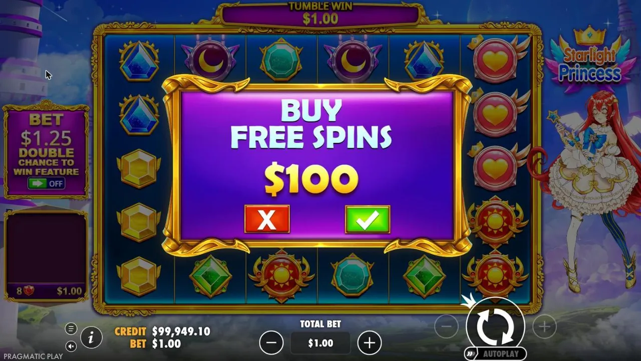 Starlight Princess buy dialog at a $1 bet: BUY FREE SPINS $100 with cancel and confirm buttons, the $1.25 DOUBLE CHANCE panel set to OFF