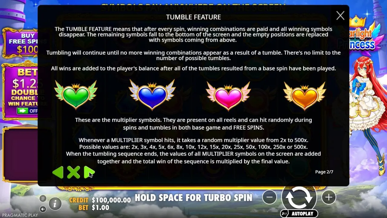 Starlight Princess rules page 2: the tumble feature and the four crowned winged hearts, multiplier symbols worth 2x to 500x on any reel