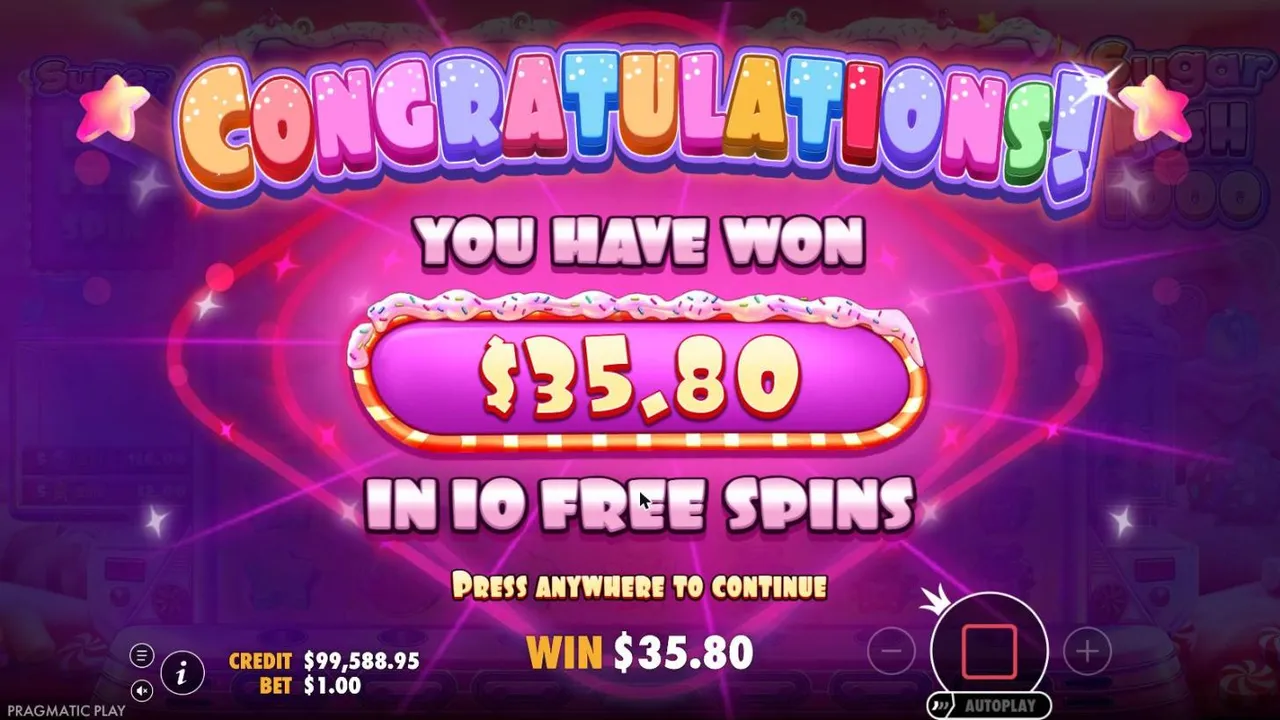 Sugar Rush 1000 result after our $500 Super Free Spins buy: congratulations, you have won $35.80 in 10 free spins