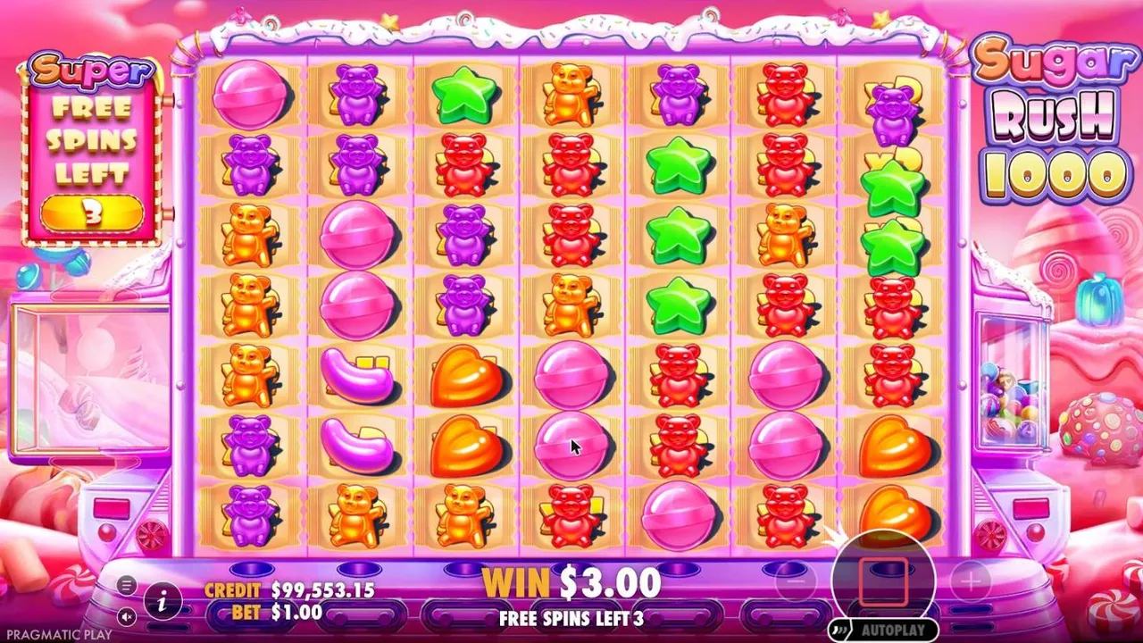 Sugar Rush 1000 Super Free Spins with 3 left: every spot on the 7x7 grid marked gold from the start, WIN $3.00 after seven spins