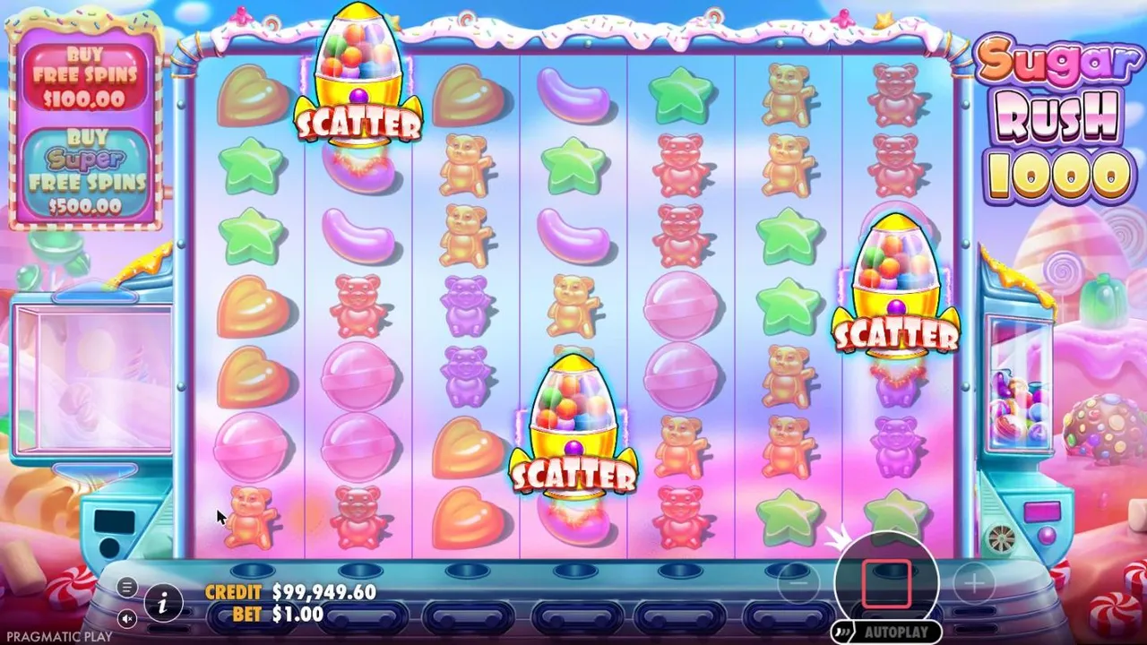 Sugar Rush 1000 spin 88 at a $1 bet: three gumball machine scatters on reels 2, 4 and 7 over a dimmed 7x7 grid of candies