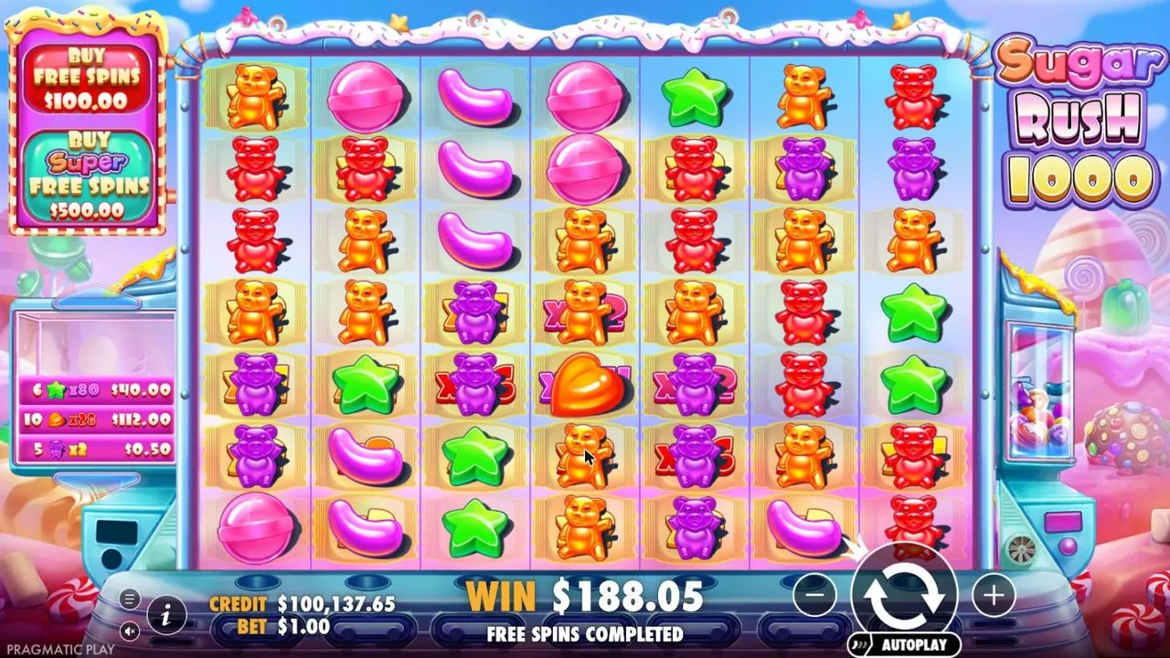 Sugar Rush 1000 board after the spin 88 free spins: the win list shows 6 stars x80 for $40.00 and 10 hearts x28 for $112.00, WIN $188.05