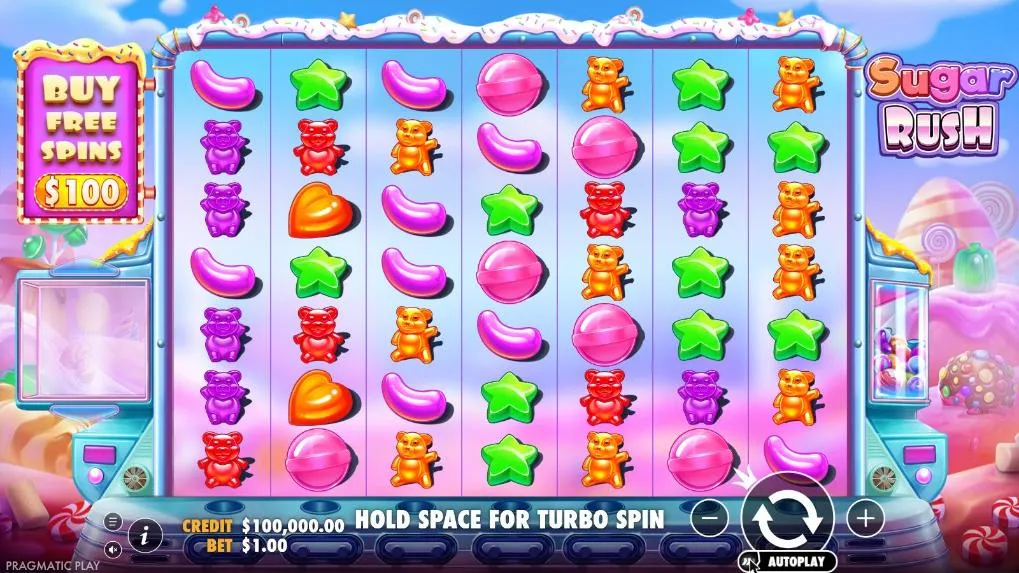 Sugar Rush base game at a $1 bet: gummy bears, hearts, stars, jelly beans and pink candy balls on a 7x7 grid, BUY FREE SPINS $100