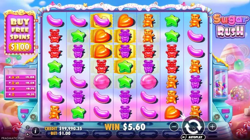 Sugar Rush spin 27 at a $1 bet, settled: gold marked squares and a win list of hearts on x4 and orange bears on x2, WIN $5.60