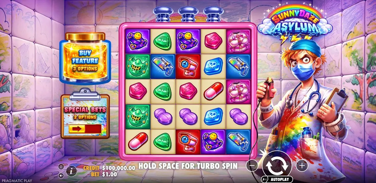Sunnydaze Asylum base game at a $1 bet: a 5x5 grid of pills and asylum gear in a pastel padded cell, with three multiplier pipes above