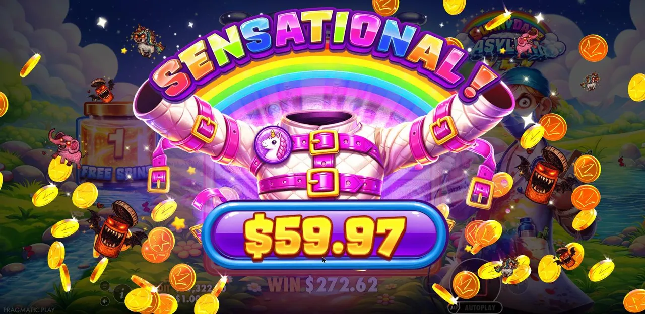 Sunnydaze Asylum SENSATIONAL win screen: a pink straitjacket with a unicorn badge under a rainbow, counting up toward the $64.80 free spin win