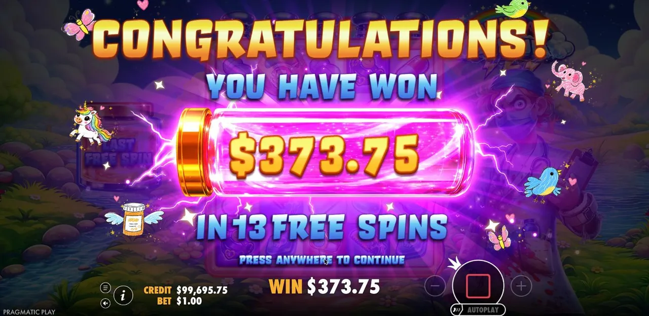 Sunnydaze Asylum result screen after Super Free Spins 2: $373.75 won in 13 free spins