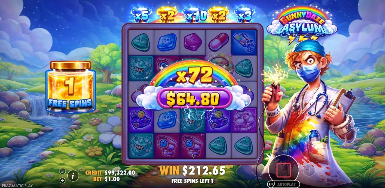 Sunnydaze Asylum Super Free Spins 2: silver x5, x10 and x3 and two gold x2 make x72, turning the spin into $64.80