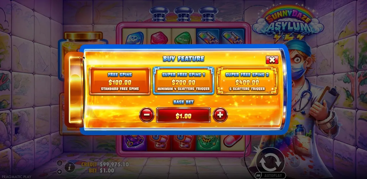 Sunnydaze Asylum Buy Feature menu at a $1 bet: Free Spins $100, Super Free Spins 1 $200 and Super Free Spins 2 $400