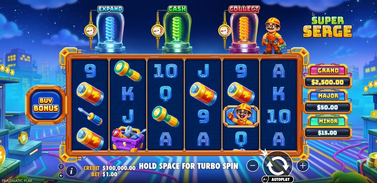 Super Serge base game at a $1 bet: a 6x4 circuit-board grid under the Expand, Cash and Collect tubes, with jackpots on the right