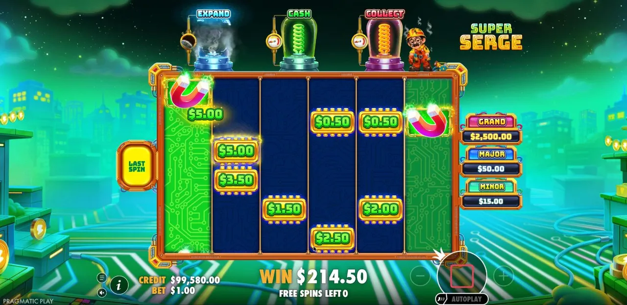 Super Serge Cash Collect Spins with Expand on: magnets on both outer reels and money chips of $0.50 to $5 between them