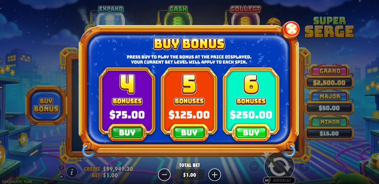 The Super Serge Buy Bonus menu at a $1 bet: 4 Bonuses $75, 5 Bonuses $125 and 6 Bonuses $250, each with its own BUY button