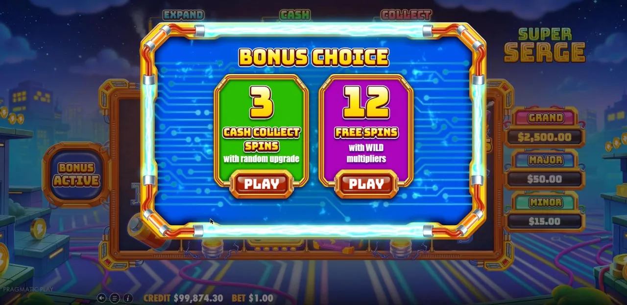 Super Serge Bonus Choice screen after the $75 buy: 3 Cash Collect Spins with a random upgrade, or 12 Free Spins with wild multipliers