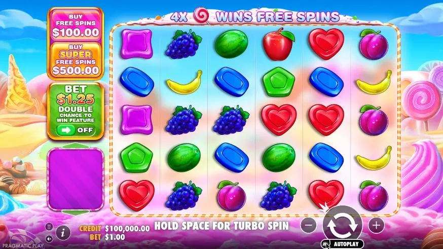 Sweet Bonanza 1000 base game at a $1 bet: candies and fruits on a 6x5 grid, BUY FREE SPINS $100.00, BUY SUPER FREE SPINS $500.00, double chance OFF