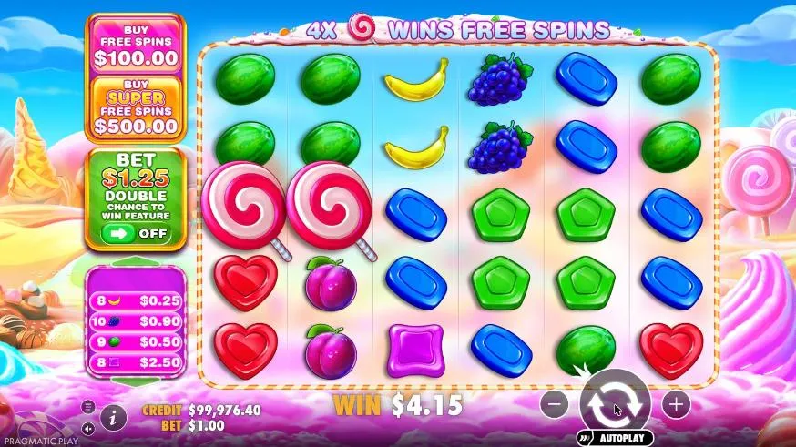 Sweet Bonanza 1000 spin 40 at a $1 bet, settled: two lollipop scatters and a win list of bananas, grapes, watermelons and squares, WIN $4.15