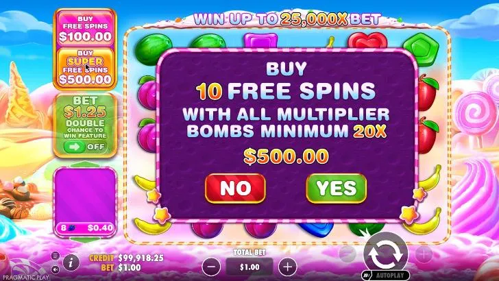 Sweet Bonanza 1000 Super buy dialog at a $1 bet: buy 10 free spins with all multiplier bombs minimum 20x for $500.00, NO and YES buttons