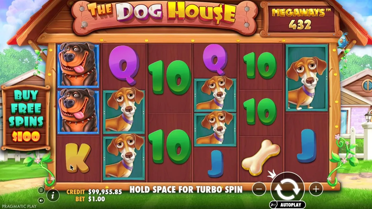 The Dog House Megaways base game at a $1 bet: two Rottweilers on reel 1, dachshunds and letters on six reels of changing height, MEGAWAYS 432