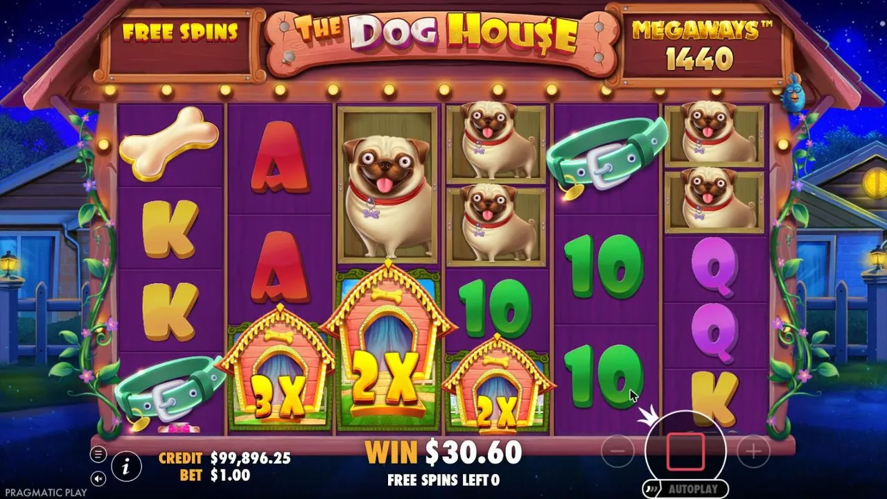 The Dog House Megaways Raining Wilds free spin 15 at a $1 bet: a 3X wild on reel 2 and 2X wilds on reels 3 and 4 among pugs and letters