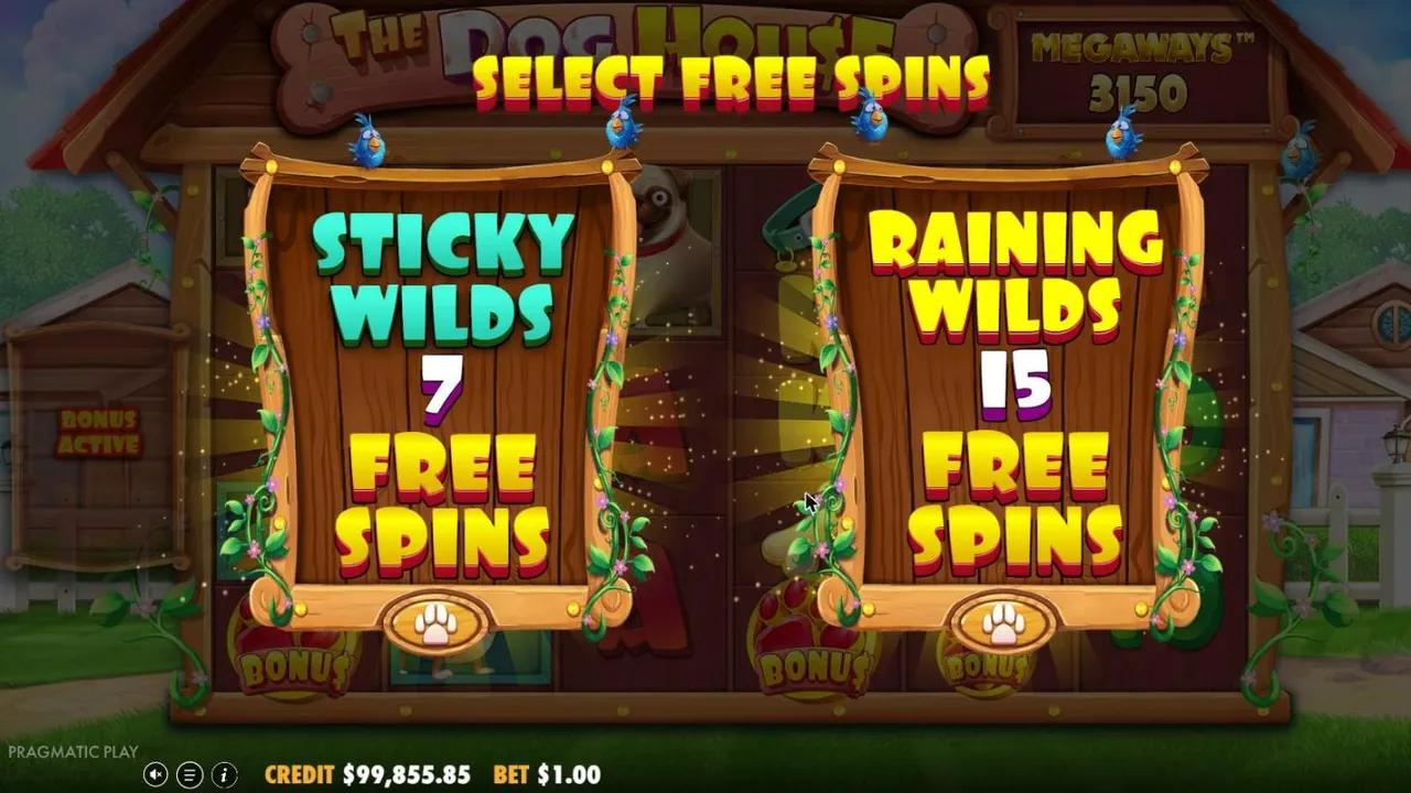 The Dog House Megaways SELECT FREE SPINS screen after our first $100 buy: Sticky Wilds with 7 free spins or Raining Wilds with 15
