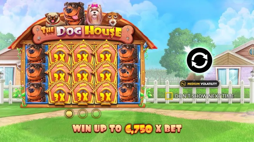 The Dog House intro screen: 3X wilds filling reels 2 to 4 between two reels of the top dog, a medium volatility badge and WIN UP TO 6,750 X BET
