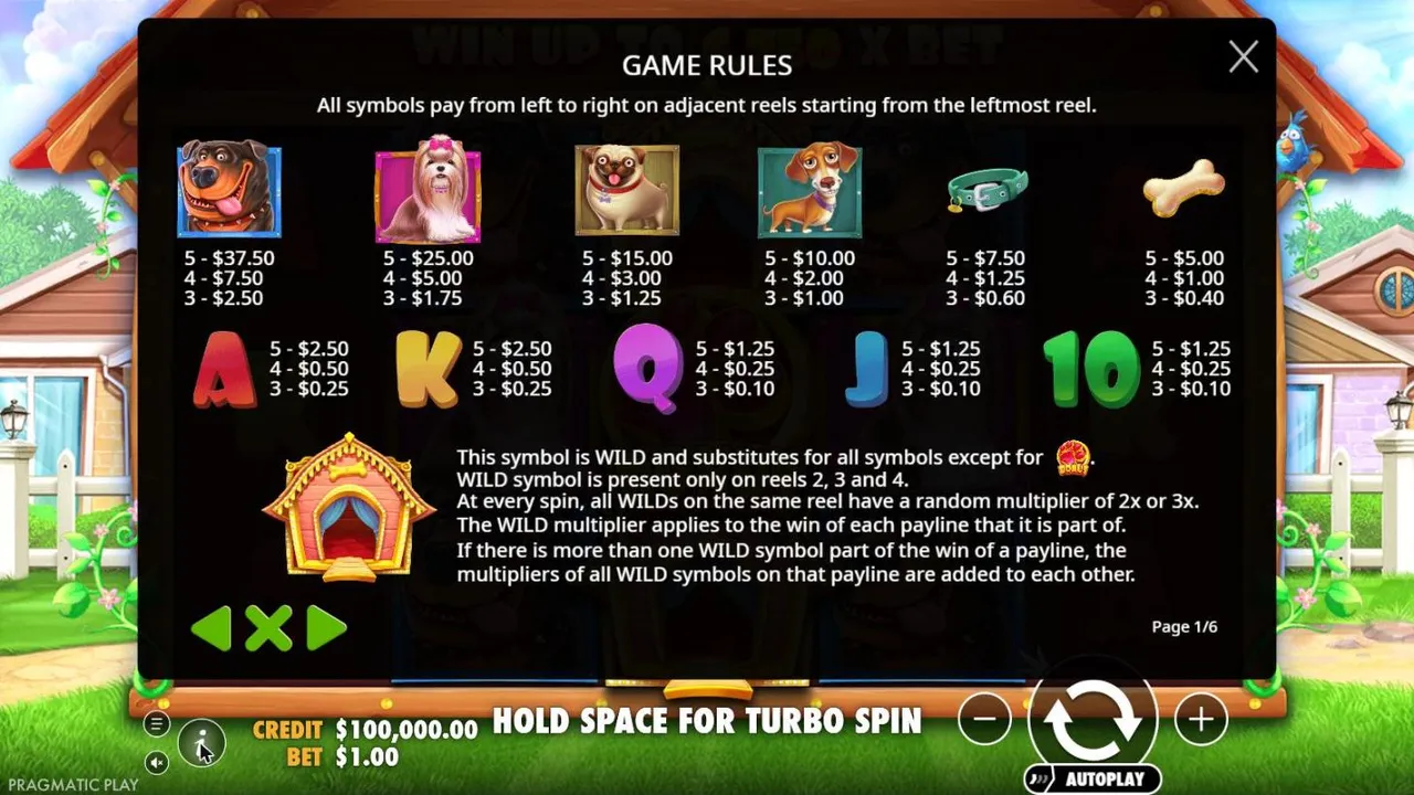 The Dog House rules page 1: the paytable at a $1 bet and the dog-house wild with 2x or 3x per reel, its multipliers added on a shared line