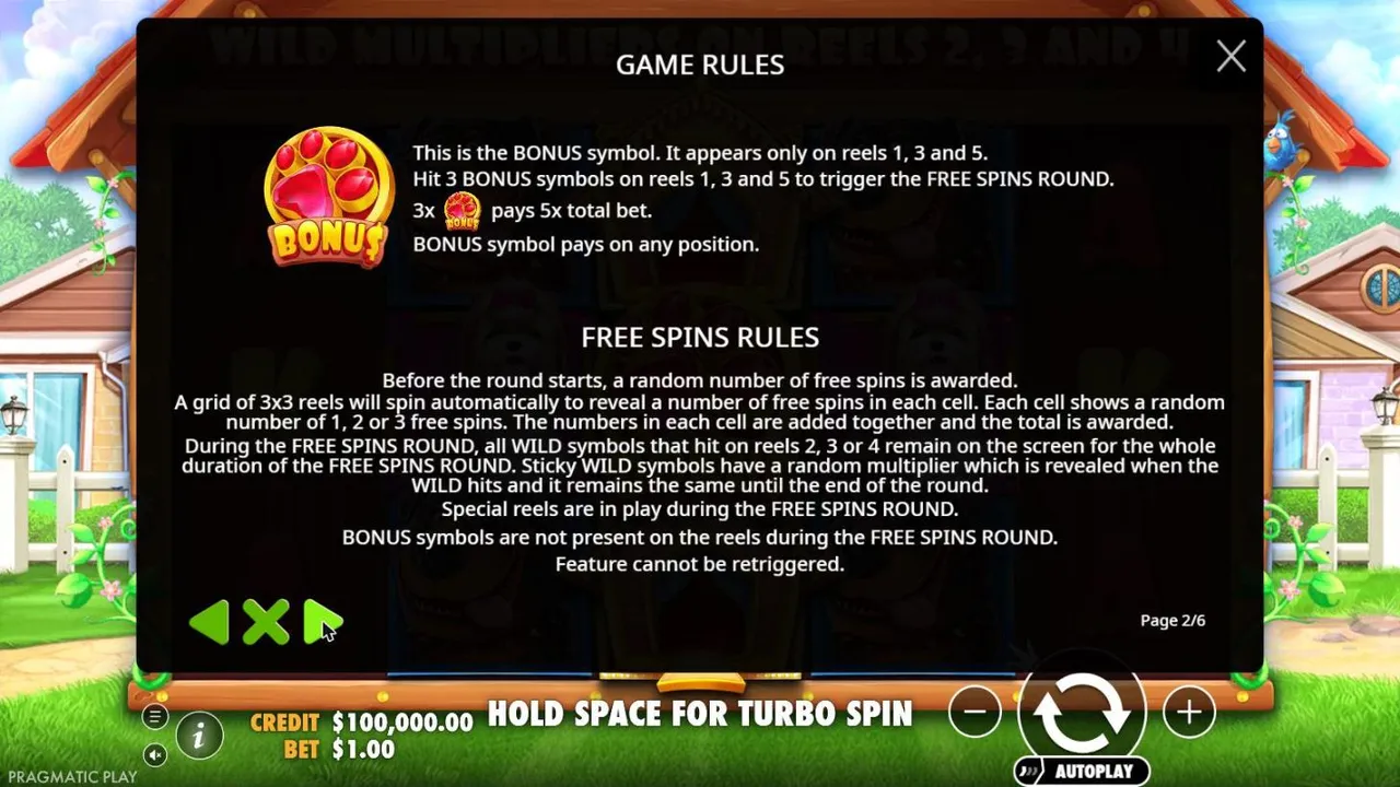 The Dog House rules page 2: three bonus paws on reels 1, 3 and 5, a 3x3 grid of 1 to 3 free spins and sticky wilds that keep their multiplier