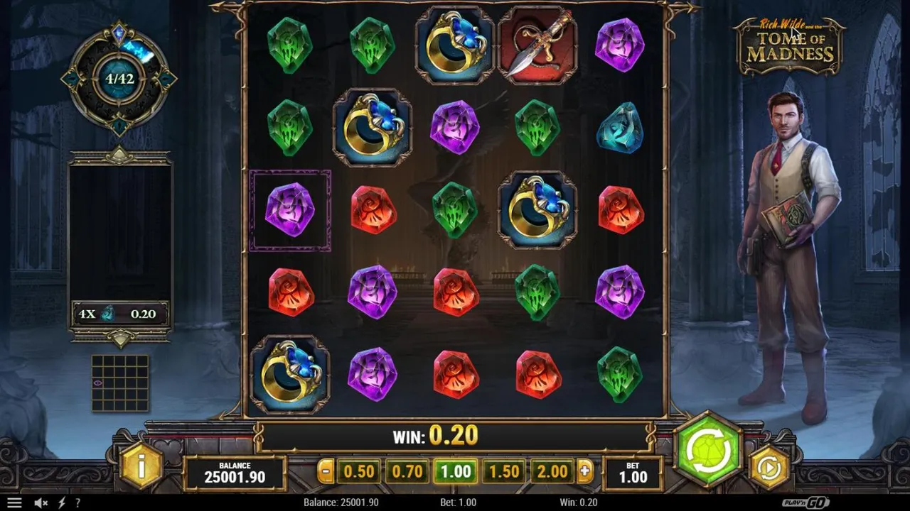 Tome of Madness base spin 100 at a $1 bet: a 5x5 grid of gems and rings, an Eye Mark on reel 1, the Portal at 4/42 and WIN 0.20