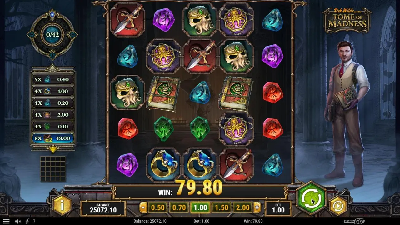 Tome of Madness after the free round from base spin 8 at a $1 bet: the win list ends with 8X x2 48.00, WIN 79.80, Balance 25072.10