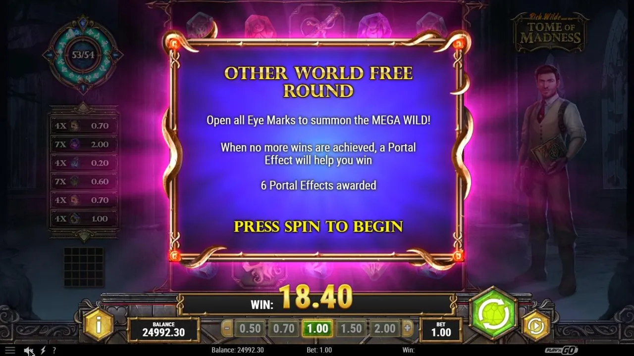 Tome of Madness Other World Free Round award at a $1 bet: 6 Portal Effects awarded, the Portal at 53/54 and WIN 18.40 below