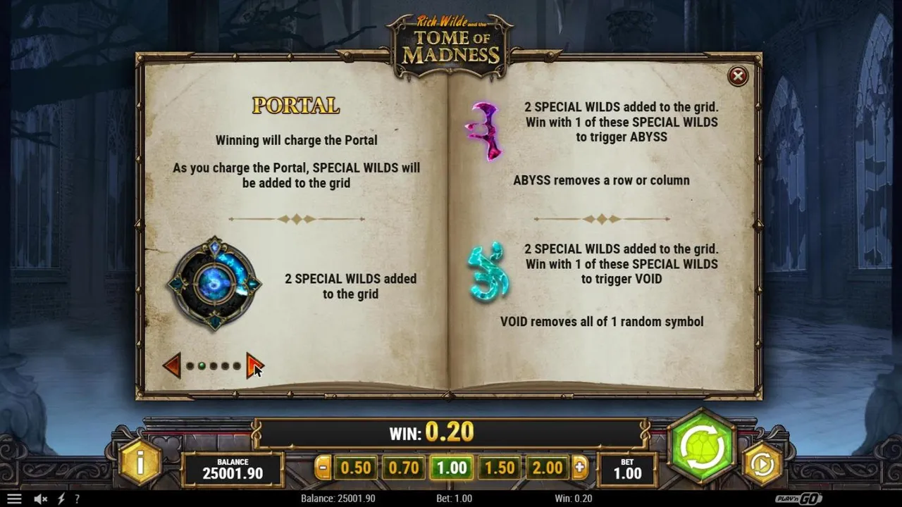 Tome of Madness paytable page 2: the Portal adds special wilds as it charges, then the Abyss and Void wilds that clear rows and symbols