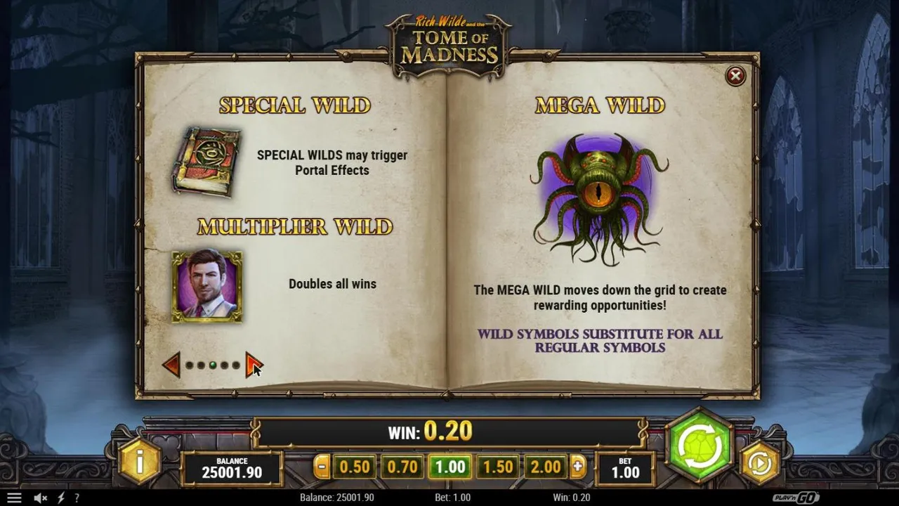 Tome of Madness paytable page 3: the special wild tome, the Rich Wilde multiplier wild that doubles wins, and the Cthulhu Mega Wild
