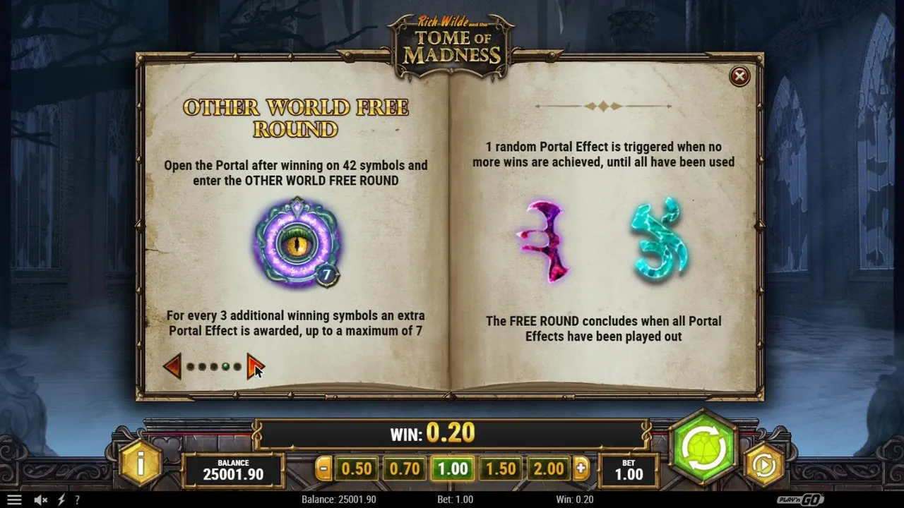 Tome of Madness paytable page 4: the Other World Free Round after winning on 42 symbols, with an extra effect per 3 symbols up to 7