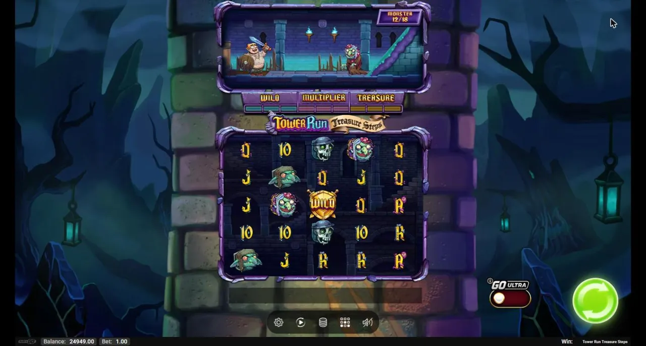 Tower Run Treasure Steps main game at $1 after spin 100: Bob on the tower path at Monster 12/18, the Win-O-Meter and a wild on the 5x5 grid