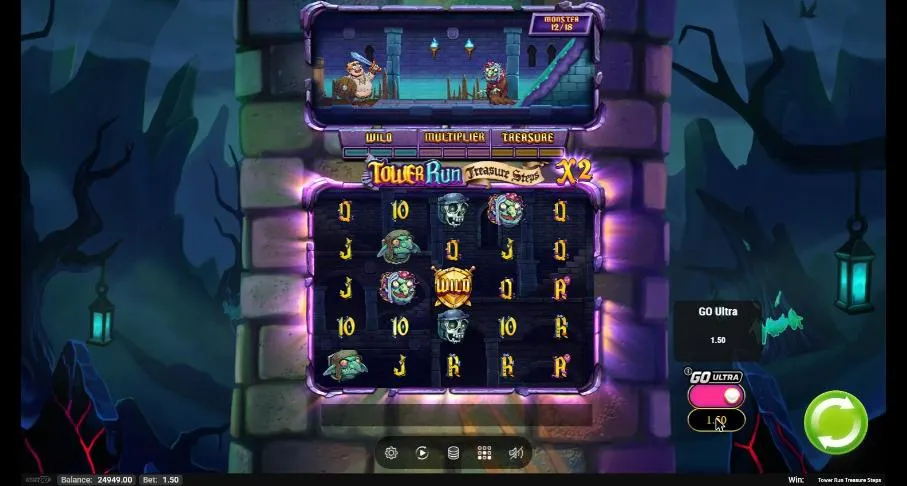 Tower Run Treasure Steps with GO Ultra switched on: x2 beside the logo, GO Ultra 1.50 and a total bet of 1.50 at a $1 base bet