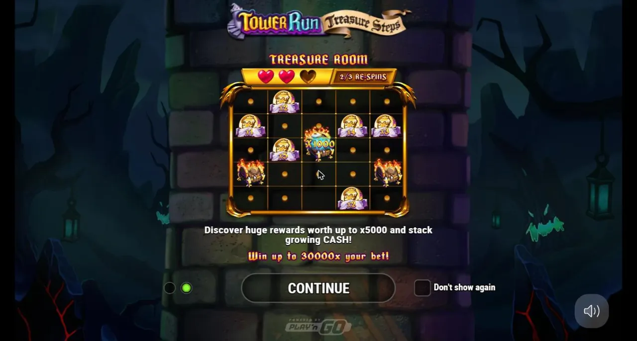 Tower Run Treasure Steps intro page on the Treasure Room: coins of x1 to x5, a x1000 chest, two of three lives and win up to 30000x