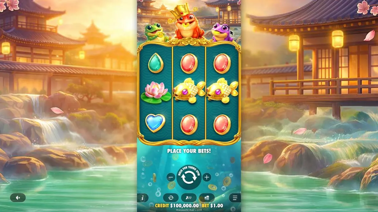Triple Hop Pots base game at a $1 bet: a 3x3 grid of gems, a lotus and goldfish under green, red and purple frogs by a hot spring