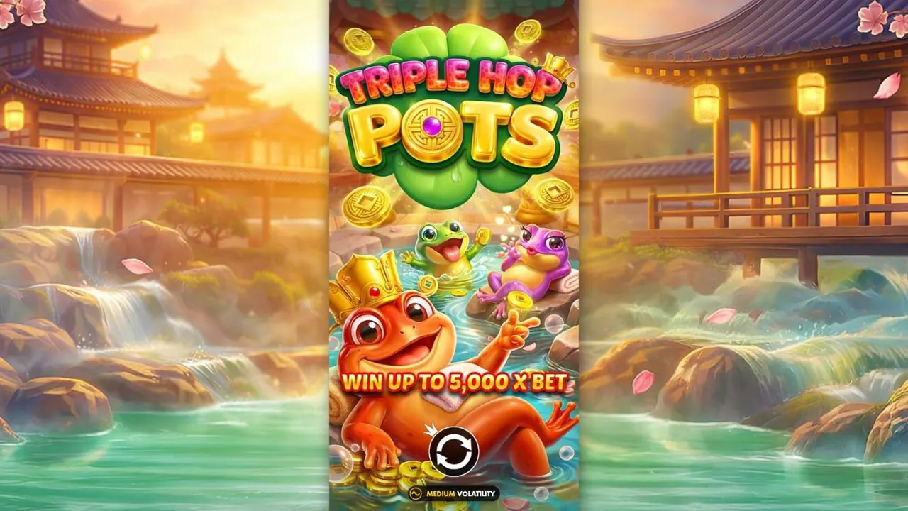 Triple Hop Pots intro screen: the logo over three frogs in a hot spring with gold coins, WIN UP TO 5,000 X BET and a MEDIUM VOLATILITY badge