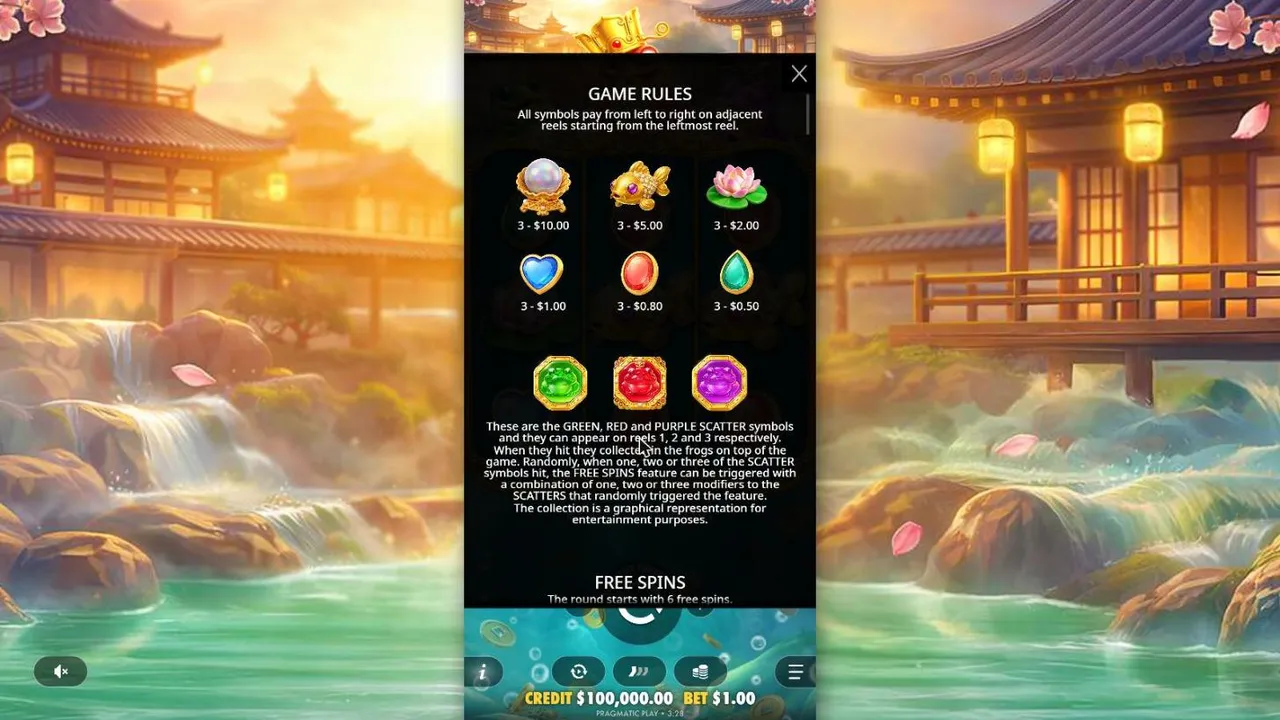 Triple Hop Pots rules page: three-of-a-kind pays at $1 from the $10 pearl to the $0.50 green gem, above the green, red and purple scatters