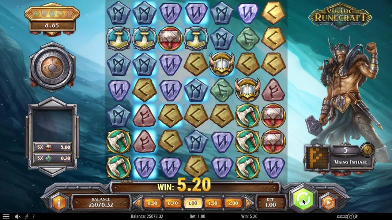Viking Runecraft base spin 100 at a $1 bet, settled: the 7x7 rune grid, Thor on level 5, a win list of 5.00 and 0.20 and WIN 5.20