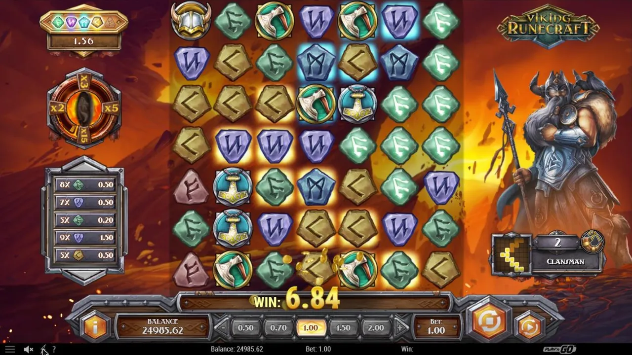 Viking Runecraft Ragnarok free round in progress on spin 31 at a $1 bet: a fiery grid, the End of the World meter and Odin on level 2