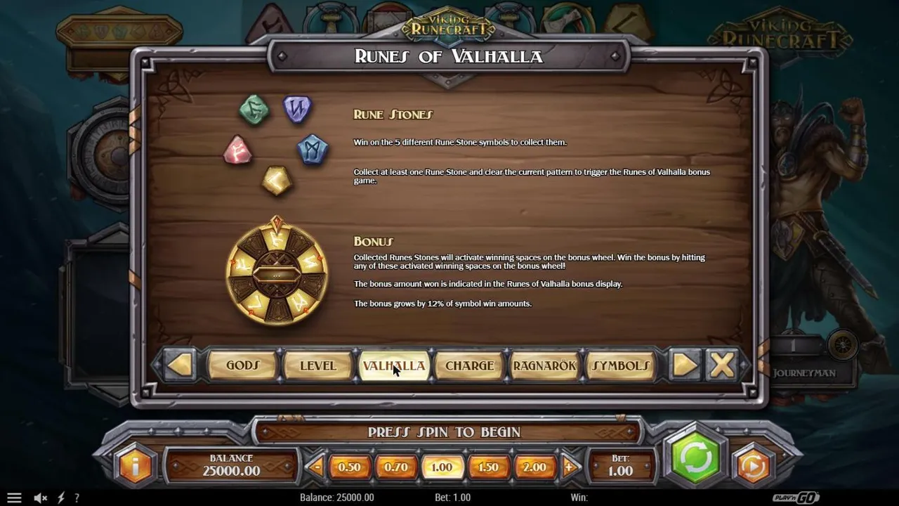 Viking Runecraft Runes of Valhalla paytable page: five rune stones, the golden bonus wheel and a bonus growing by 12% of symbol wins