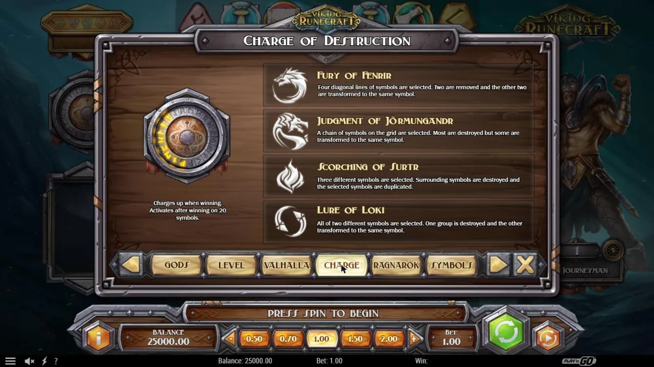 Viking Runecraft Charge of Destruction page: the charge shield beside Fury of Fenrir, Jormungandr, Scorching of Surtr and Lure of Loki