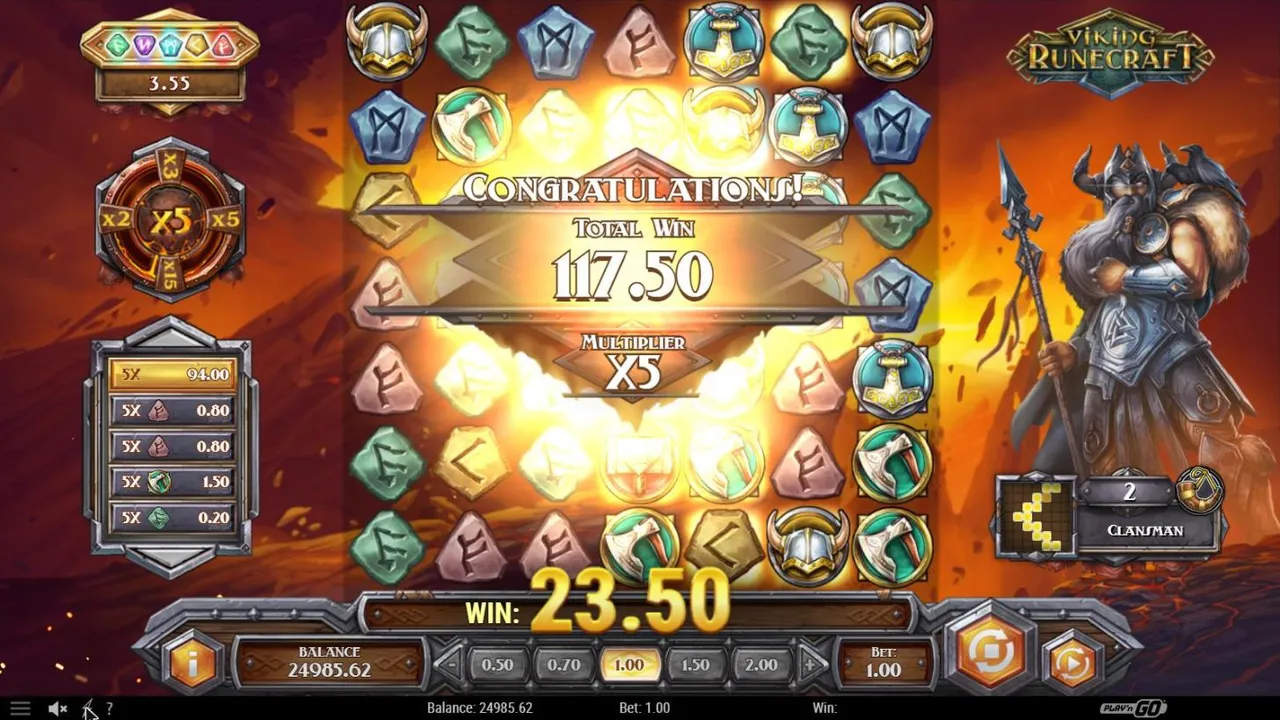 Viking Runecraft end of Ragnarok on spin 31 at a $1 bet: CONGRATULATIONS, TOTAL WIN 117.50 and MULTIPLIER X5 over the burning grid