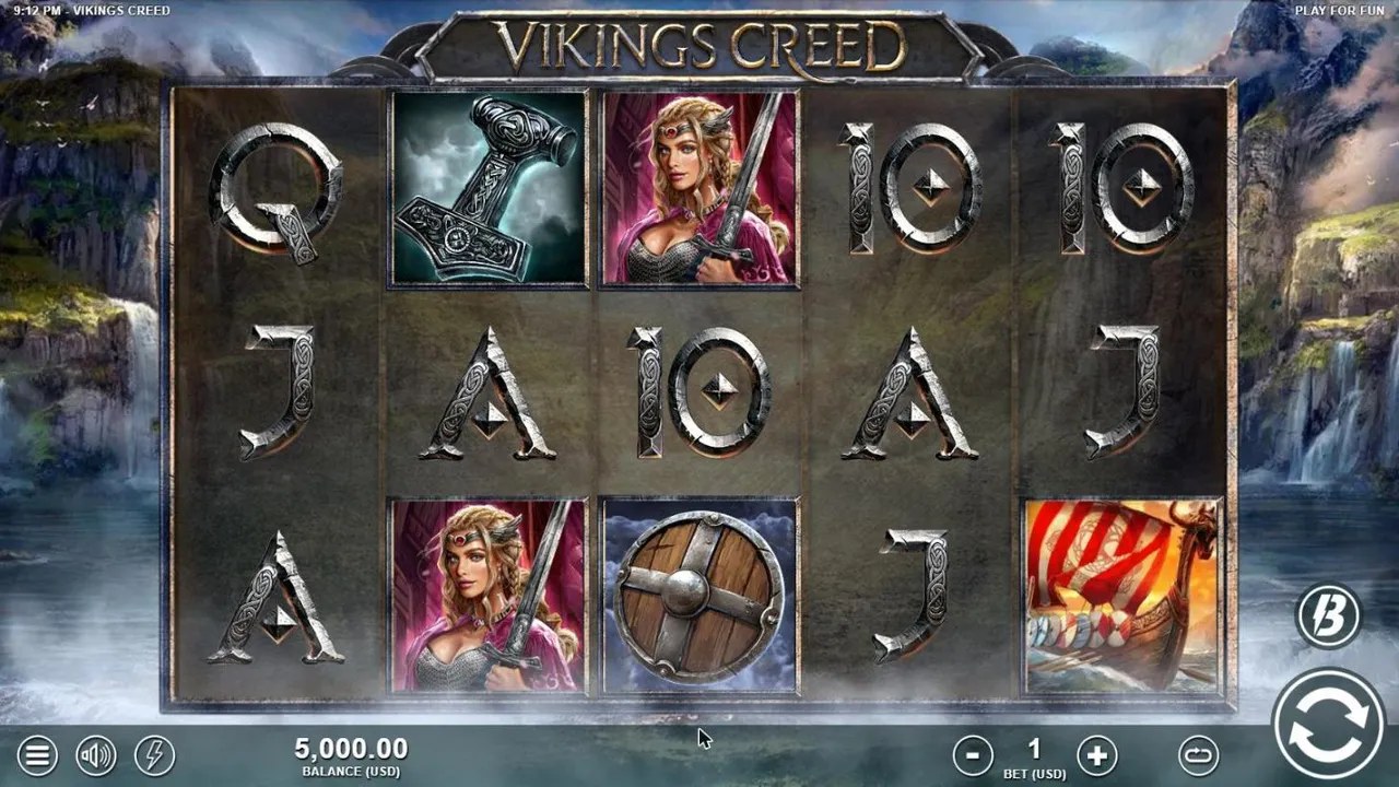 Vikings Creed base game at a $1 bet: stone card ranks, a hammer, two shieldmaidens, a round shield and a longship before fjord waterfalls
