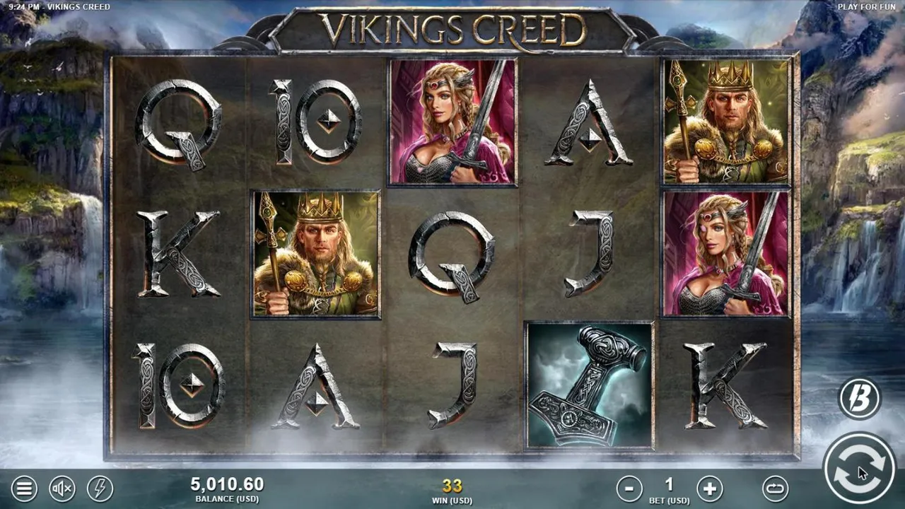 Vikings Creed base spin 63 at a $1 bet, settled: two crowned kings, two shieldmaidens and a hammer on the board, WIN 33, balance 5,010.60