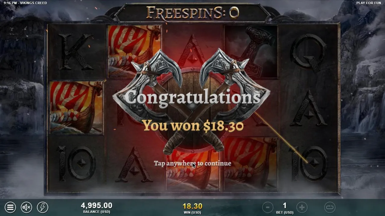 Vikings Creed free spins result after base spin 5 at a $1 bet: Congratulations, You won $18.30, FREESPINS: 0, over crossed axes