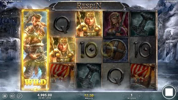 Vikings Creed free spins re-spin on a stormy night: an expanded Viking warrior Wild covers reel 1, RESPIN in the header, WIN 17.30