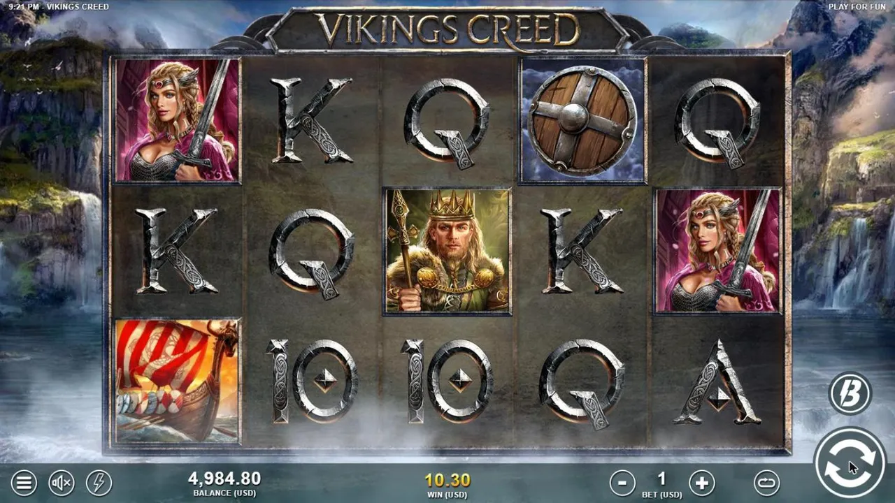 Vikings Creed base spin 46 at a $1 bet, settled: a crowned king, two shieldmaidens and card ranks, no Wild left, WIN 10.30, balance 4,984.80