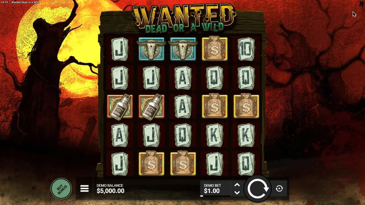 Wanted Dead or a Wild base game at a $1 bet: a 5x5 grid of card letters, steer skulls, whiskey and money bags under a red sky and yellow moon
